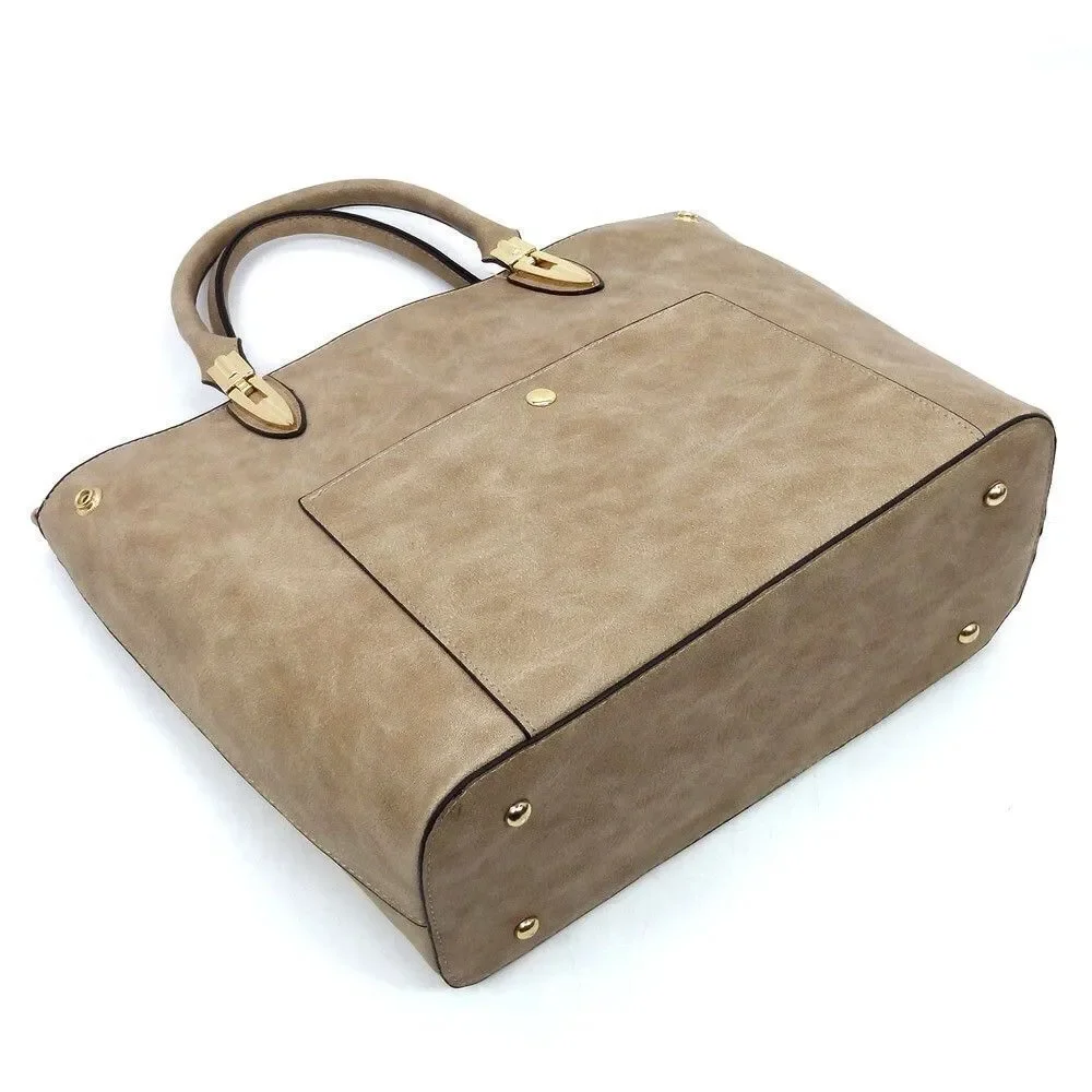 Women's Beige Fashion Top Handle Satchel Work Tote Bags 2pcs Set